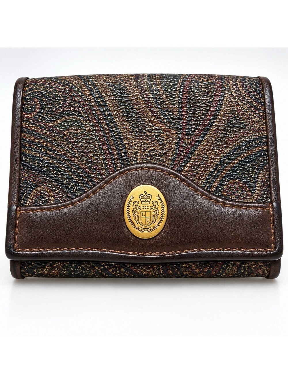 Vintage 80s Liz Claiborne Paisley Wallet LC Crest Brown Leather Trim Organizer